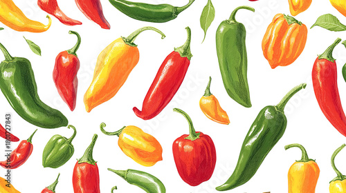 Wallpaper Mural Colorful assortment of various chili peppers, including red, green, yellow, and orange, arranged artistically on a white background, showcasing vibrant textures and shapes in a culinary theme Torontodigital.ca