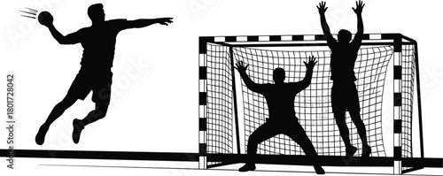 Silhouette of handball player throwing ball at goal with goalkeepers, handball, sport, player, throwing, ball, goal, net, goalkeeper, action, athletic, competition, game, team, dynamic, movement, silh