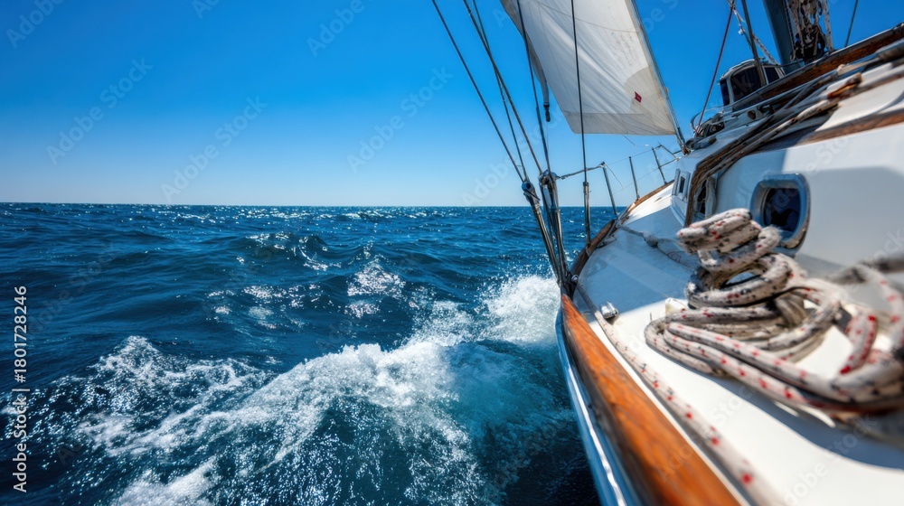 Fototapeta premium Sailing on clear blue waters under a bright sun with waves splashing against the boat