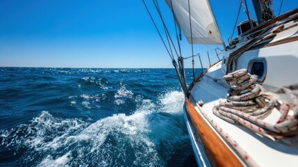Tableau sur toile  Sailing on clear blue waters under a bright sun with waves splashing against the boat  © Nataliya