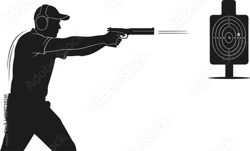 Silhouette of man firing handgun at target pistol, silhouette, man, firing, handgun, pistol, shooting, target, range, gun, weapon, action, sport, practice, aim, precision, accuracy, danger, safety, he