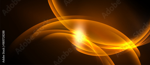 Abstract golden waves radiate from bright center. Smooth curves create dynamic, flowing visual effect. Dark background emphasizes luminosity.