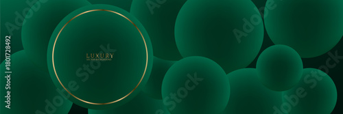 3D green luxury abstract background overlap layer on dark space with golden lines circles decoration. Modern graphic design element cutout shape style concept for web, flyer, card or brochure cover