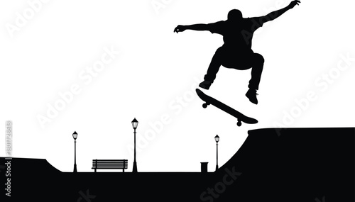 Silhouette of skateboarder performing trick over ramp in park, skateboarder, silhouette, trick, jump, ramp, park, outdoor, urban, extreme sport, action, motion, dynamic, athletic, youth, recreation, s