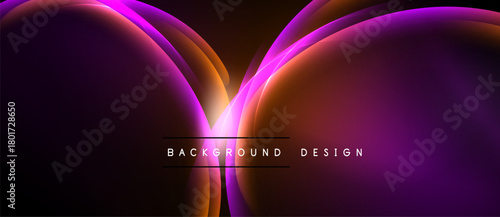 Abstract design features vibrant purple, orange gradients. Smooth curves create dynamic light effect against dark backdrop. Minimalist text present.