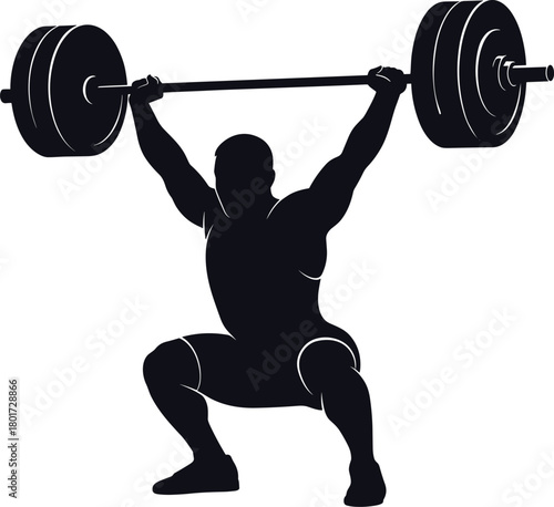 Silhouette of weightlifter performing a squat with barbell overhead, weightlifting, barbell, athlete, silhouette, squat, strength, fitness, exercise, sport, power, muscular, bodybuilder, training, com