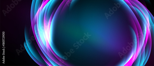 Abstract vibrant layers create luminous oval shape. Dark background emphasizes glowing neon colors, modern design element.