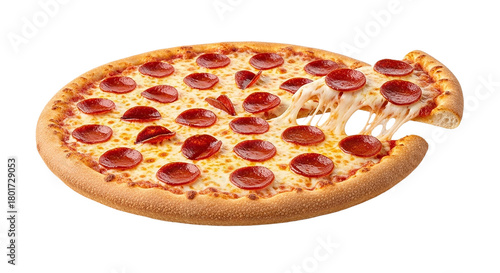 Hot pepperoni pizza slice being pulled cheese stretches high ready to eat a treat on dark background