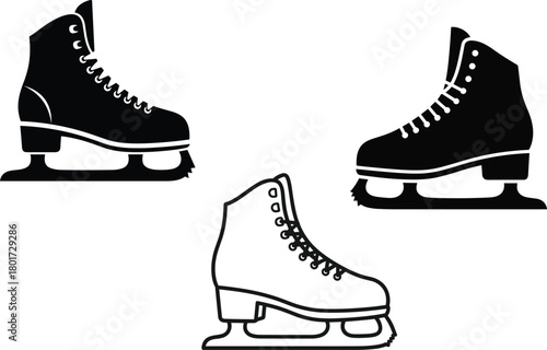 Three ice skates black and white graphic icons figure skating, ice skate, skates, figure skating, winter sport, sport, footwear, shoe, boot, blade, ice, winter, cold, frozen, activity, recreation, lei