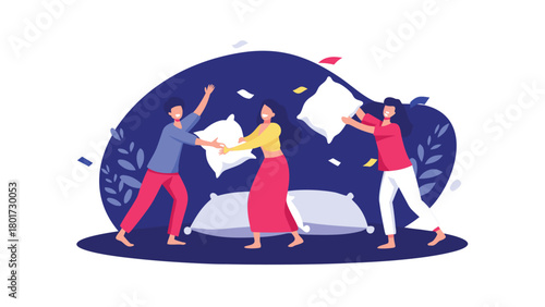 Joyful friends playfully engage in a pillow fight their laughter echoing as they toss pillows in a vibrant colorful scene