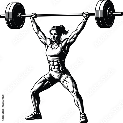 Woman weightlifter lifting barbell overhead in black and white, weightlifting, woman, female, athlete, fitness, exercise, strength, power, barbell, lifting, overhead, muscles, athletic, strong, traini