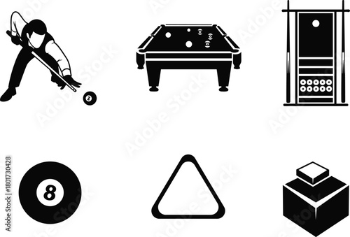 Billiards player cueing ball pool table rack and 8 ball, billiards, pool, snooker, cue, ball, player, table, rack, triangle, 8 ball, game, sport, leisure, recreation, indoor, black and white, icon, sy