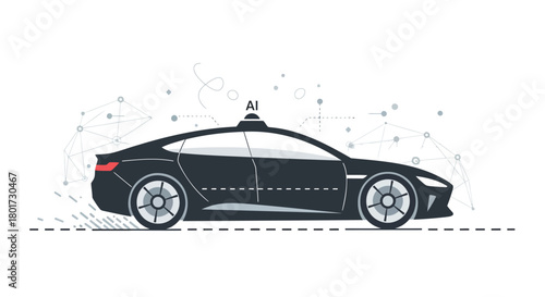 Sleek black autonomous self driving electric car with futuristic sensor array on white background