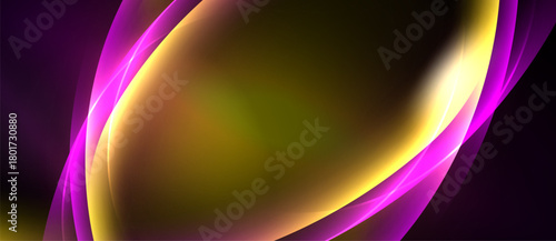 Abstract design features flowing curves, vibrant purple, gold hues. Smooth gradients create dynamic visual impact. Dark background emphasizes luminosity.