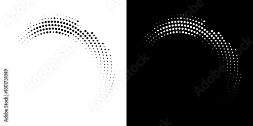 Halftone Circular Dot Pattern. Circle Frame using Halftone Dots Raster Texture. Polka Dots. Spiral logo Icon. Radial design element. Vector Illustration.