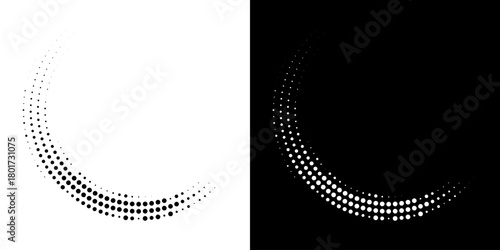 Halftone Circular Dot Pattern. Circle Frame using Halftone Dots Raster Texture. Polka Dots. Spiral logo Icon. Radial design element. Vector Illustration.