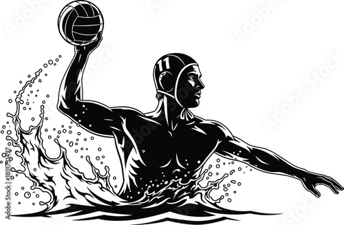 Black and white water polo player throwing ball in splashing water, water polo, sport, athlete, male, man, throwing, ball, water, splashing, waves, bubbles, action, dynamic, black and white, silhouett