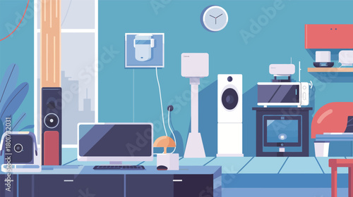 Vector art of smart home thermostat and security camera icons