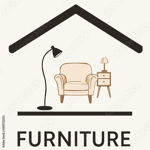 A clean minimalistic logo featuring a soft beige armchair centered within a thin, geometric house outline. A curved black floor lamp stands on the left, while a compact nightstand with a tiny lamp sit