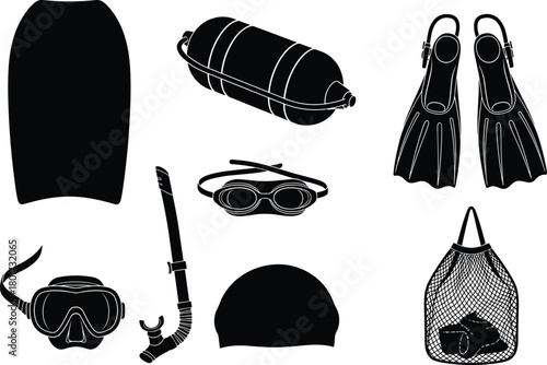 Black silhouette collection of swimming and diving equipment, swimming, diving, snorkel, mask, fins, goggles, swim cap, surfboard, scuba tank, mesh bag, water sports, equipment, gear, accessories, bla