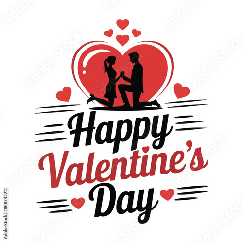 Man proposing to woman inside heart with Valentines Day text