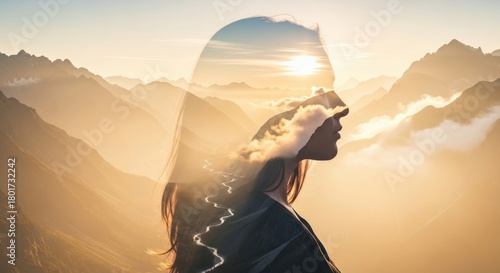 Silhouette of a woman with a sunset landscape at mountain range background, representing harmony and reflection