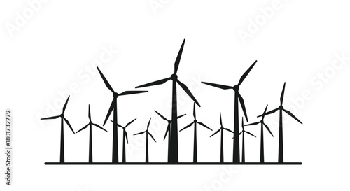 Silhouette of a wind farm with multiple wind turbines generating clean renewable energy against a white background