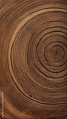 Close-up of tree trunk cross section with detailed annual rings and wood texture for natural background or eco design template.