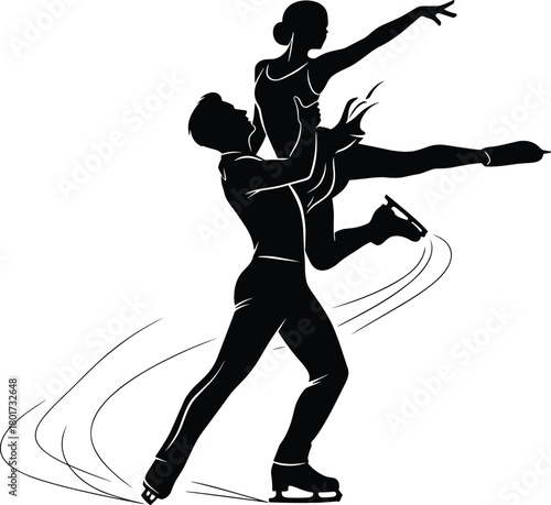 Black silhouette of a figure skating pair performing a lift, figure skating, ice skating, pair skating, silhouette, black and white, sport, athletic, performance, dance, movement, lift, acrobatic, gra