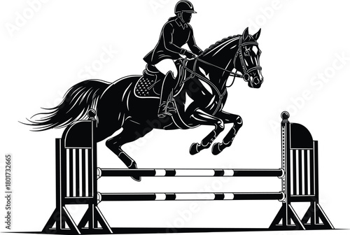 Black silhouette of a horse and rider jumping over a hurdle, horse, rider, jumping, hurdle, equestrian, sport, competition, black and white, silhouette, action, movement, animal, equine, rider on hors