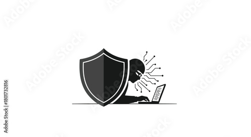Cybersecurity concept of a masked hacker attempting to breach a digital shield protecting a laptop