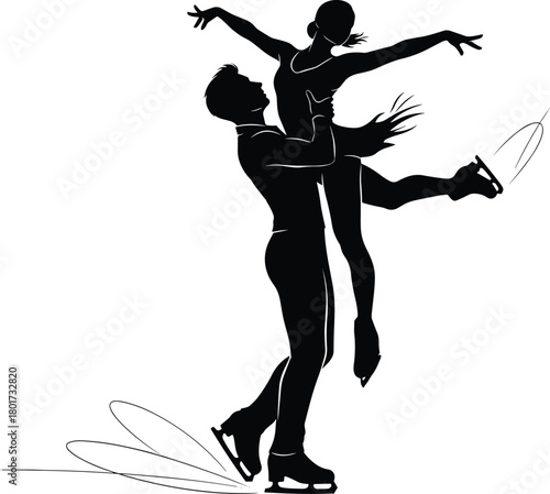Black silhouette of a male and female figure skater performing a lift, figure skating, ice skating, silhouette, couple, performance, sport, ice, winter, dance, motion, elegance, athletic, pair skating