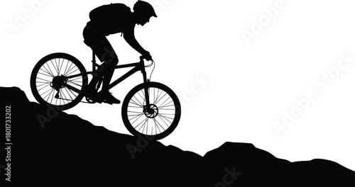 Black silhouette of a mountain biker descending a rocky slope, mountain bike, cyclist, silhouette, black and white, downhill, extreme sport, adventure, outdoor activity, sport, recreation, rider, helm