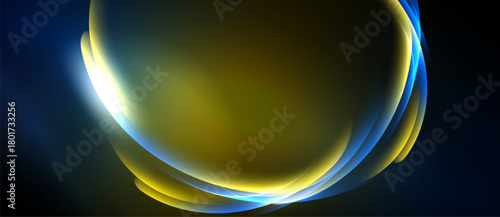Abstract design features flowing curves, vibrant gold, blue hues. Soft light creates dynamic visual impact. Minimalist, modern aesthetic.