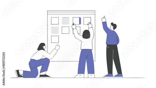 Diverse group of colleagues collaborating and brainstorming innovative ideas using sticky notes on a whiteboard symbolizing teamwork and creative problem solving in a modern office environment