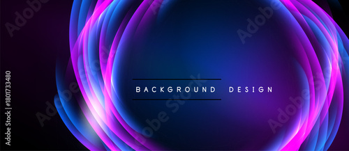Abstract design features layered glowing circles. Vibrant purple, blue hues create dynamic visual effect. Text reads background design.