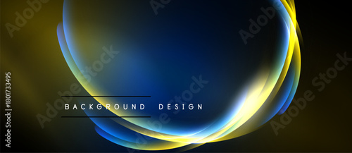 Abstract design features flowing curves, vibrant colors. Yellow, blue hues create dynamic visual effect. Background is dark, contrasting elements.