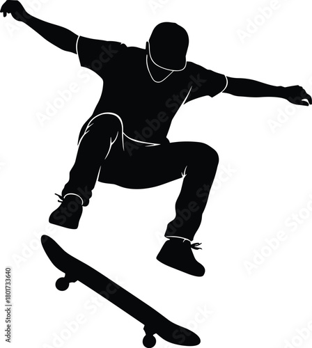 Black silhouette of a skateboarder mid-air performing a trick, skateboarder, silhouette, black and white, trick, jump, air, motion, action, sport, extreme sport, skateboarding, youth, active, dynamic,