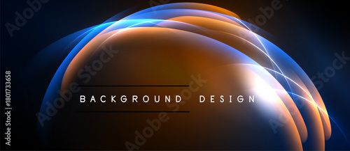 Abstract design features glowing curves, vibrant colors. Dark background emphasizes bright, layered shapes. Modern aesthetic.