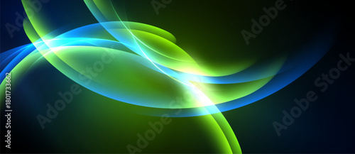 Abstract flowing lines, vibrant green, blue hues create dynamic energy. Light radiates from central point, smooth gradients present.