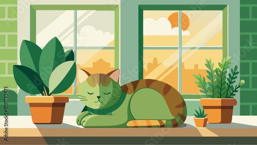 Green cat peacefully sleeping on a sunny windowsill surrounded by potted plants with a warm sunset glowing through the window
