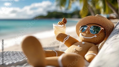 Happy gingerbread man in sunglasses and a straw hat lounging on a sunbed with a cocktail, soaking up the sun on a tropical beach with turquoise water and palms