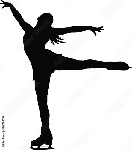 Black silhouette of female figure skater performing on ice, figure skater, ice skating, silhouette, black and white, female, woman, athlete, sport, performance, graceful, elegant, dynamic, pose, movem