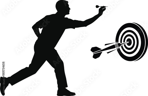 Black silhouette of man throwing dart at dartboard, darts, dartboard, throwing, game, sport, leisure, competition, accuracy, aiming, target, concentration, silhouette, black and white, graphic, illust
