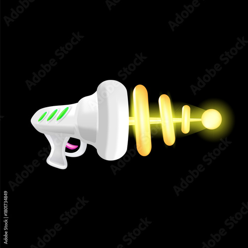 Cartoon super space energy blaster isolated on black background. Retro game label or icon with vintage space laser pistol gun. Tesla electric coil gun