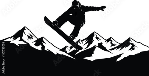 Black silhouette of snowboarder jumping over snow-capped mountains, snowboarder, jumping, silhouette, black and white, mountains, snow, winter, extreme sports, action, sport, recreation, freestyle, ju