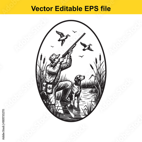 Hunter with dog aiming shotgun at ducks in marsh with reeds, vintage engraving style