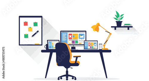 Modern home office setup with multiple monitors tablet and desk lamp for creative work