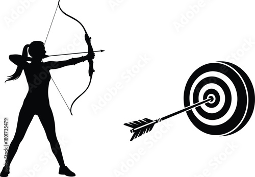 Black silhouette of woman archer aiming at target with arrow, archery, bow and arrow, target, woman, silhouette, sport, competition, aiming, precision, accuracy, success, goal, focus, concentration, s