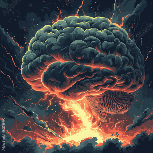 A powerful storm erupts around a human brain symbolizing intense thought and mental energy. , vector style simple color